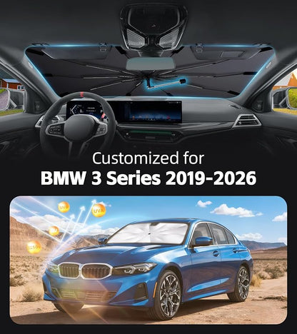 Windshield Sun Shade for BMW 3 Series 2019-2026 with 360° Rotating Shaft | Custom Fit Umbrella Sunshade for UV Blocking, Interior Heat Protection, Easy Storage, UPF 50+ Cool Windshield Cover - Image 2