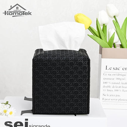 HOMOTEK 2 Pack Tissue Box Cover, Square PU Leather Tissue Holder, Decorative Facial Tissue Cube Paper Organizer Dispenser for Bathroom, Night Stands, Desk, Car 5X5X5'' - Rattan Weave,Dark Black - Image 5