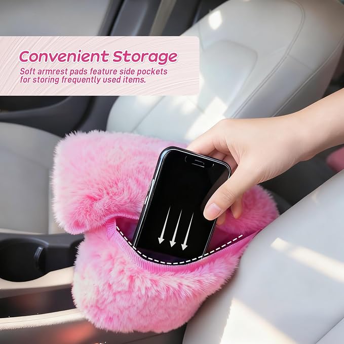 Fluffy Car Armrest Cover with Side Pockets – Plush Fuzzy Fur Center Console Armrest Cushion Pad, Universal Winter Car Interior Protector, Soft Arm Rest Cover with Storage for Women & Men (PINK) - Image 4