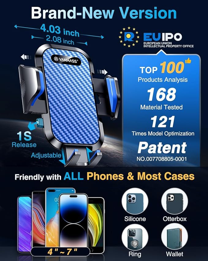 VANMASS Phone Holders for Your Car 2026 Ultimate Phone Mount Military-Grade Windshield Dashboard Vent【Newest Best Strongest】 Cell Phone Car Mount for iPhone 16 Pro Max 15 Samsung Android,Blue - Image 5