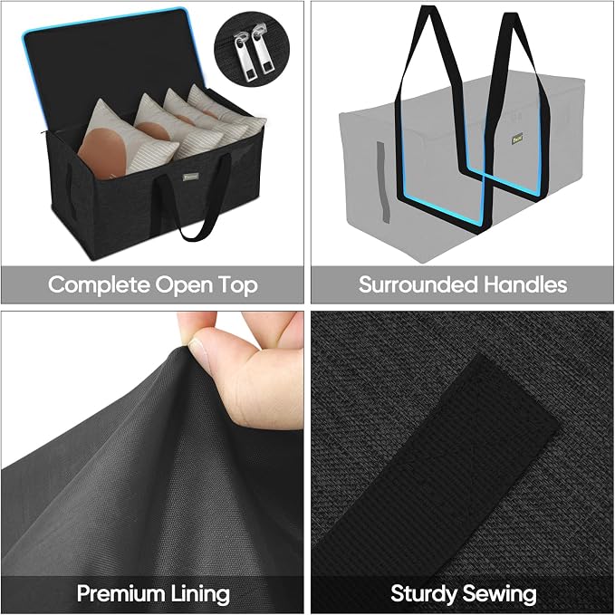 BALEINE Extra Large Storage Tote with Zippers & Carrying Handles, Heavy-Duty Oxford Fabric Moving Bags for Laundry, Space Saving, Storage, Charcoal Black, 1-Pack - Image 4