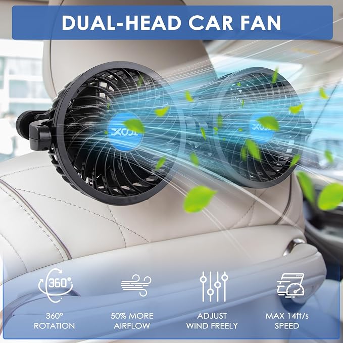 XOOL USB Dual Head Backseat Car Fan – 360° Rotatable Rear Seat Air Circulator with Stepless Speed & Adjustable Clip for Kids in SUV, Truck, RV - Image 2