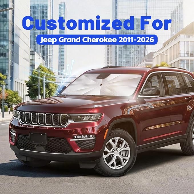 Car Windshield Sun Shade Umbrella for Jeep Grand Cherokee 2011-2026 | [Reflective Coated Fabric] Car Shades Sun Visor Keep Car Cool and Protects Interior, 1:1 Exact Fit - Image 2
