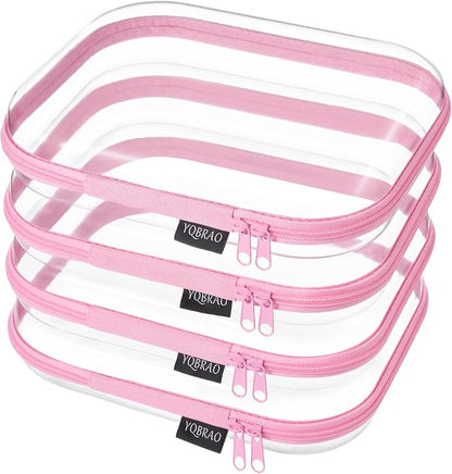 YQBRAO Clear Hard Shell Zipper Cases, 4 Medium Makeup Organizers, Pink | Rigid 1.2 mm PET and YKK dual zippers for skincare, toiletries, chargers, notebooks and daily essentials by Unknown