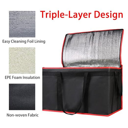 Bodaon 3-Pack Insulated Food Delivery Bag for Hot and Cold Meal, XXXL Cooler/Thermal Bags, Grocery Tote Insulation Bag for Catering, Large Pizza Warmer, Black with Red Edge - Image 5