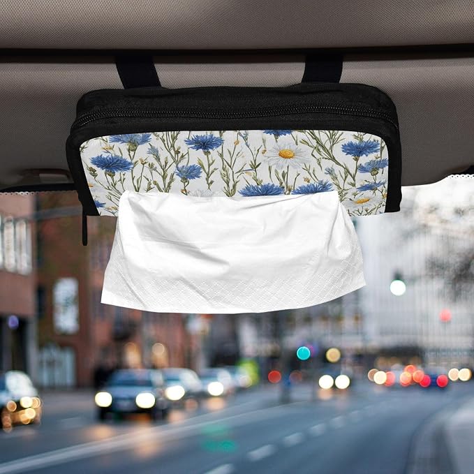 Car Tissue Holder Car Napkin Holder Tissue Box Dispenser Storage Case Sun Visor Mask Holder with Adjustable Straps Reusable Refillable Blue and White Daisy03 - Image 6