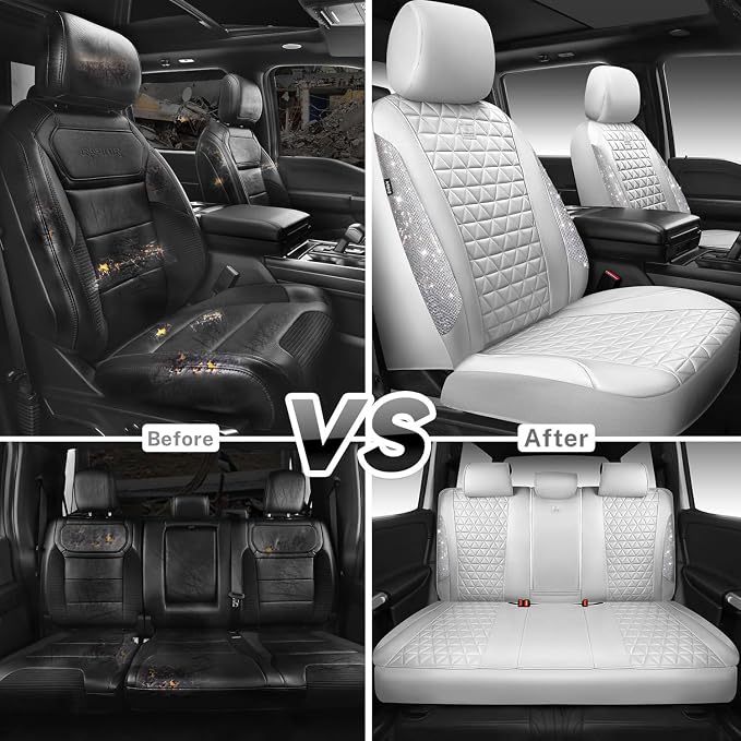 CAR PASS All White Bling Diamond Leather Car Seat Covers Full Sets,Waterproof Shining Glitter Sparkly Crystal Universal Fit for Automotive Truck SUV Cute Women Girl Airbag Compatable,Sliver Rhinestone - Image 5