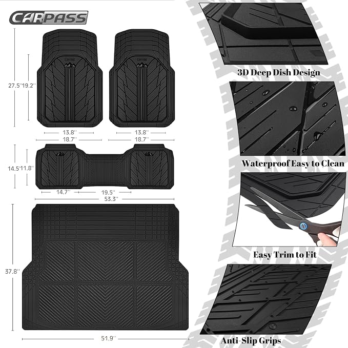 CAR PASS Floor Mats for Cars M-L Size, Heavy Duty Rubber Floor Mats with Trunk Cargo Liner, Universal Trim-to Fit Automotive Floor mats for Truck Van SUV Waterproof All Weather Car Mats Solid Black - Image 3