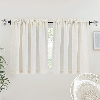 RYB HOME Flax Linen Blend Curtains - Semi Translucent Privacy Kitchen Valances, Light Glare Control Short Small Window Curtains for Bathroom Closet RV, 52" W x 36" L, 2 Pcs, Linen by RYBHOME