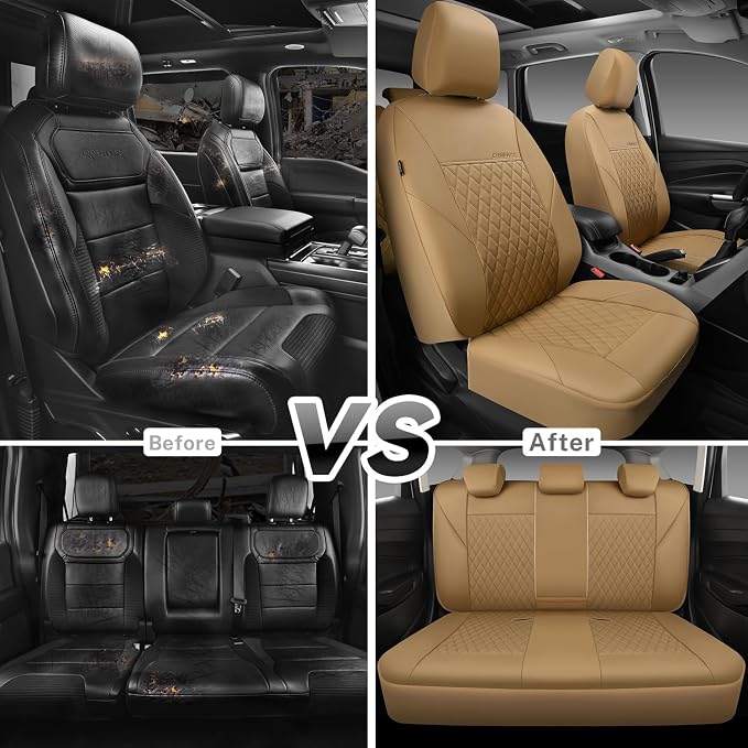CAR PASS Faux Leather Seat Covers Full Set, Quilting Waterproof Premium Automotive Seat Cover with 5mm Composite Sponge Inside,Airbag Compatible, Universal for Most Cars Sedan SUV Truck, All Beige - Image 6