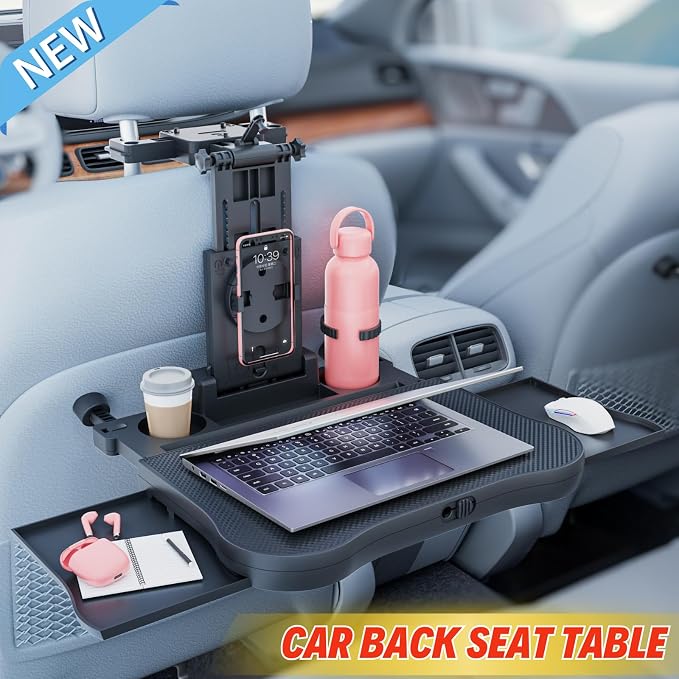 Car Back Seat Tray Table for Older Kids & Passengers, Road Trip Travel | Sturdy Desk Holds Laptop/Meals, 360° Rotatable Phone Holder & Dual Cup Slots, Adjustable Height for Older Kids & Adults - Image 3