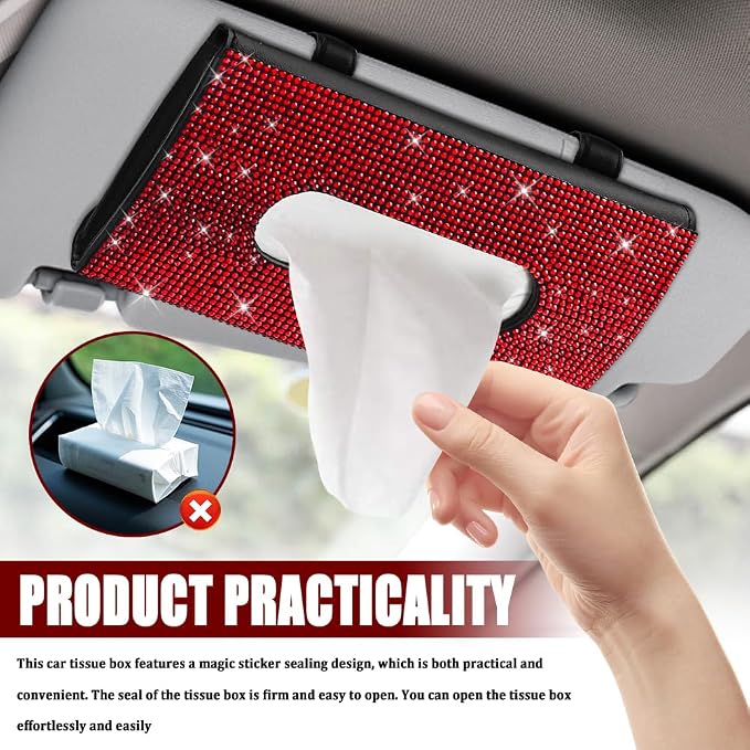 Bling Car Sun Visor Tissue Box Holder, Car Visor Tissue Holder, PU Leather with Bling Crystal Rhinestones Tissue Holder, Backseat Paper Towel Cover Case Auto Accessories for Women (Red) - Image 4