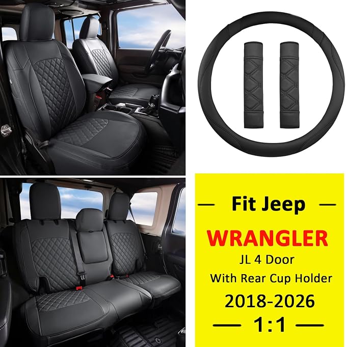 GIANT PANDA Wrangler JL Seat Covers Custom Fit for Jeep Wrangler,Premium Waterproof Faux Leather, 2018 2019 2020 2021 2022 2023 2024 2025 2026 JL 4 Door with Rear Cup Holder Full Set (Black) - Image 2