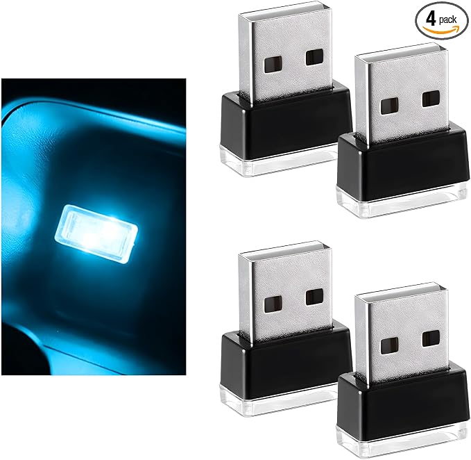 4PCS USB LED Car Interior Atmosphere Lamp, Plug-in USB Interface LED Night Lighting Decoration, Mini Portable Ambient Lights Kit Universal Interior Accessories for Most Cars (Ice Blue) by Unknown