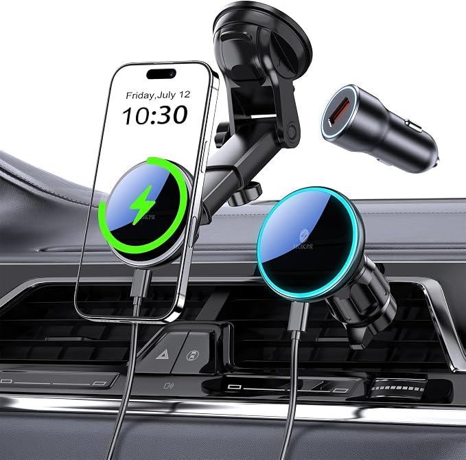 for Mag-Safe Car Mount Charger Dash Windshield Vent Magnetic Phone Holder | Wireless Car Charger with LED Light Car Phone Holder for iPhone 17 16 15 14 13 12 Series for MagSafe by MOKPR