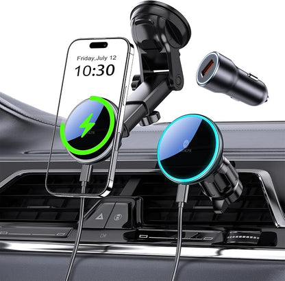 for Mag-Safe Car Mount Charger Dash Windshield Vent Magnetic Phone Holder | Wireless Car Charger with LED Light Car Phone Holder for iPhone 17 16 15 14 13 12 Series for MagSafe by MOKPR