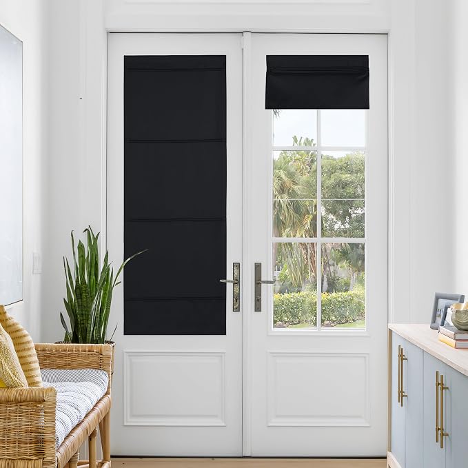 NICETOWN Black Magnetic Blackout Door Blind, No Drill Cordless Roman Shade | Front French Door Curtain for Window, Thermal Insulated Light Blocking Shades, Sidelight Glass, 24" W x 64" L, 1 Panel by NICETOWN