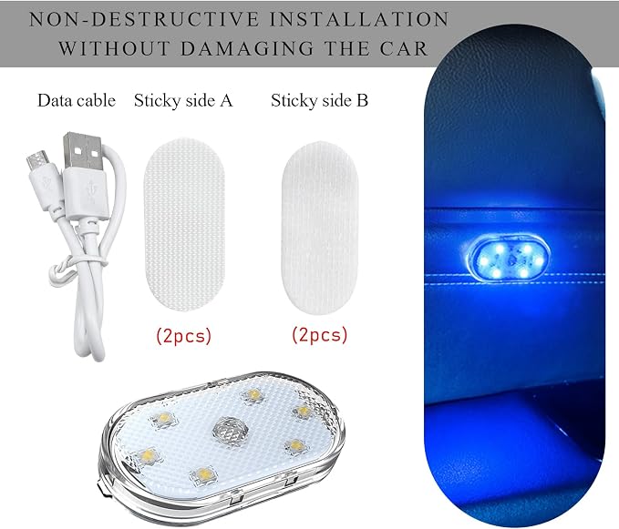 Wevdn 2 PCS Car LED Lights Interior Wireless, Sticky Car Ambient Lighting with 6 Bright LED Lamp Beads, Portable USB Rechargeable Vehicle Interior Led Night Light for Car (Colorful) - Image 3