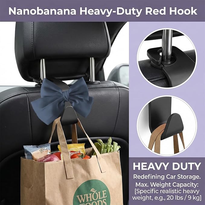 2PCS Car Seat Headrest Hook, Cute Bow Stylish Seat Back Purse Handbag Hanger Organizer, Multi-Purpose Auto Backseat Storage Hook Holder for Umbrella Coat Bag, Universal Fit (Dark Blue) - Image 4