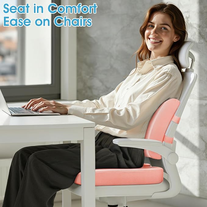 CushZone X-Large Seat Cushion and Lumbar Support Pillow for Office, Pink | Thick Memory Foam for Sciatica Pain Relief & Posture Correction, Non-Slip Chair Cushions for Car, Wheelchair and Travel - Image 4