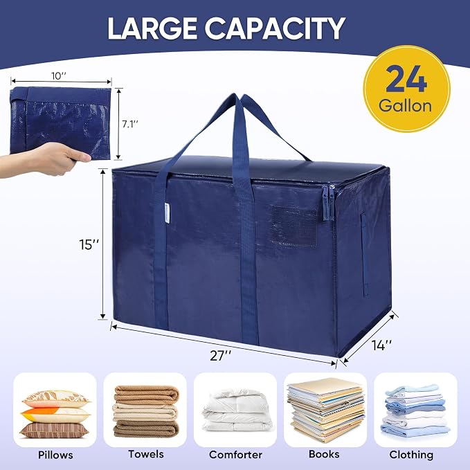 TICONN 8 Pack Extra Large Moving Bags Heavy Duty with Zippers & Carrying Handles, Durable Storage Bags Moving Boxes for Closet Organizers and Storage (8 Pack, Navy) - Image 5
