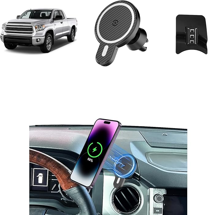 PZK Car Phone Mount for Toyota Tundra 2014-2021 Accessories Custom Air Vent | Magnetic 15W Fast Wireless Charger Car Phone Holder 360° Rotation Hands Free Fixed Clip Magsafe Tundra Cell Phone Cradles by SpecificCarPhoneHolder