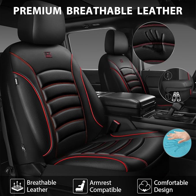 CAR PASS 3D Foam PU Leather Car Seat Covers, Universal Seat Covers Full Sets for Trucks SUV Sedan Automotive Seat Covers Armrest Airbag Compatible Waterproof Comfortable Faux Nappa Leather Black Red - Image 4