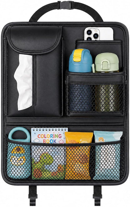 Backseat Car Organizer for Kids, Back Seat Car Organizer with 5 Pockets | Holds tissues, drinks, snacks, toys and books; easy-clean leather for family trips by Ycpasta
