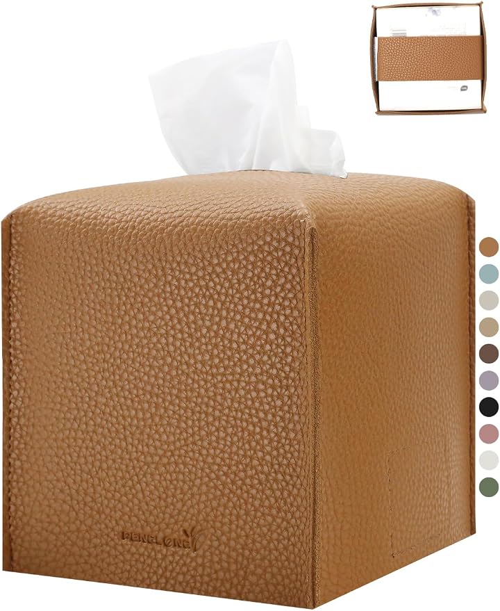 Tissue Box Cover 5X5X5'' PU Leather Tissue Holder Square Tissue Cube Box Organizer for Bathroom Vanity Countertop, Car, Night Stands, Office, Home, Kitchen (1Pack, Brown) by PENGLONGHOMEDECORATION
