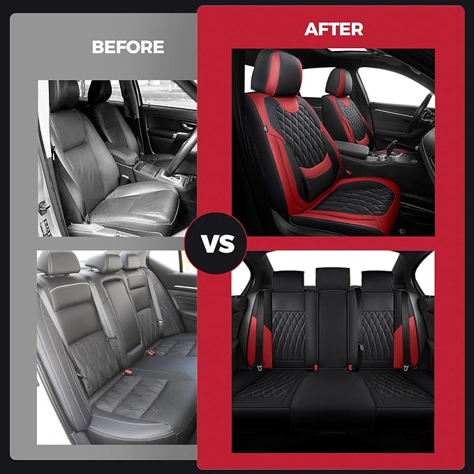 FREESOO Car Seat Covers Full Set Faux Leather Universal Fit Black Red | faux nappa leather seat covers, waterproof breathable, full set lumbar support, front rear covers, fit sedans suvs pickups - Image 9