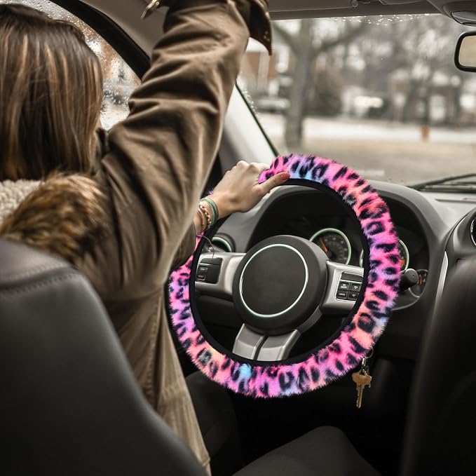 Accmor Fuzzy Car Steering Wheel Cover, Universal Fit Fluffy Auto Wheel Cover & Handbrake Cover & Gear Shift Cover Set, Leopard Print, Car Steering Wheel Cover Protector for Women Girls (Colorful) - Image 6