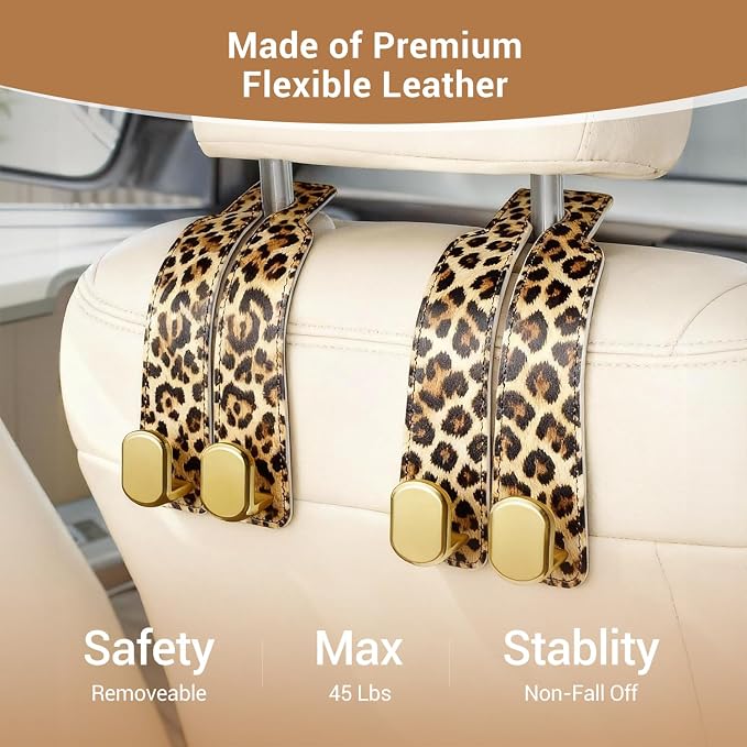 2 Pack Purse Hook for Car Headrest, Car Seat Back Storage Hook for Purses and Bags, Car Back Seat Headrest Purse Holder, Hanger Storage Organizer (Leopard) - Image 3