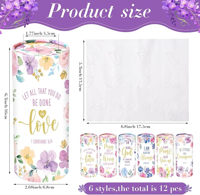 Outus 12 Pcs Floral Christian Car Tissues Cylinder Holder with 3 Ply Facial Tissue Bulk Inspirational Bible Verse Tissue Holder Flower Religious Travel Tissues Boxes Container for Car Cup Home Office - Image 2