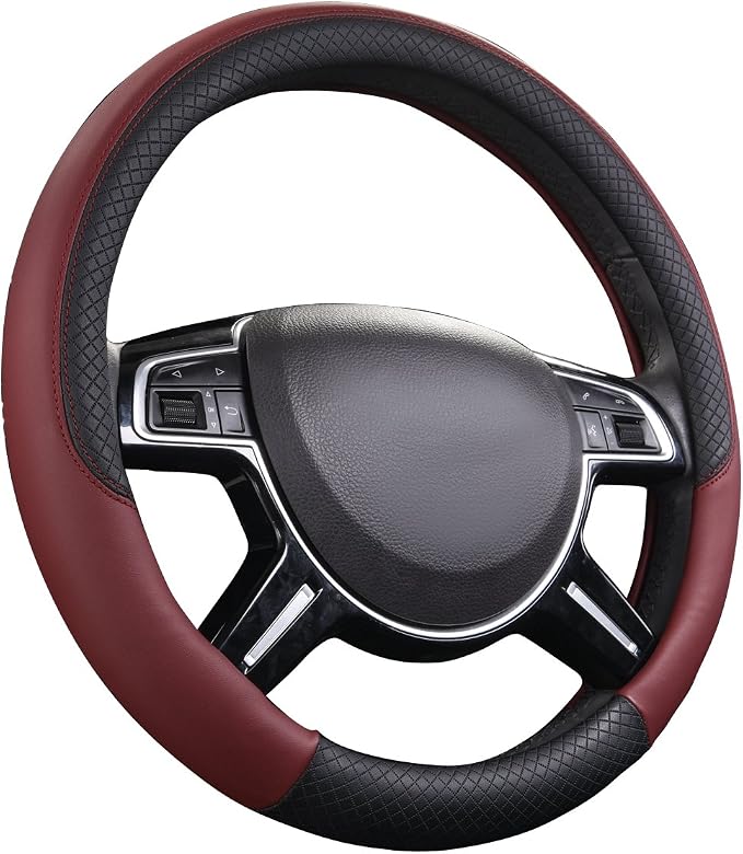 CAR PASS Rhombus Leather Universal Steering Wheel Cover, Fit for Suvs,Trucks,Cars,Sedans,Vans (Black&Burgundy) by CARPASS