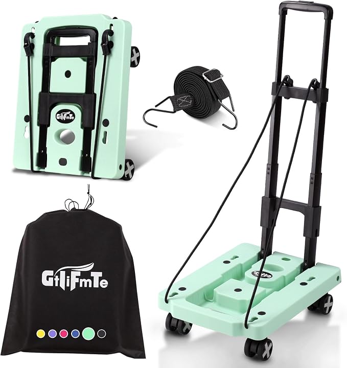 GtIiFmTe Foldable Hand Truck, Lightweight Luggage Cart for Airport Car Seat | Compact Folding dolly with Rotating swivel wheel,storage size12×15.7×4.1",300lbs Load,Upright Lock Handle with 3bungee cords by GtIiFmTe