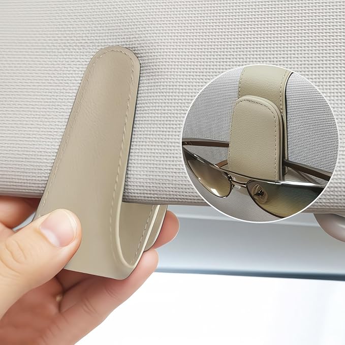 EldHus Sunglass Holder for Car Visor - 2 Pack Magnetic Car Glasses Holder Clip, Leather Eyeglass Holder for Car, Universal Vehicle Sunglasses Hanger Eyeglasses Mount, Beige - Image 4