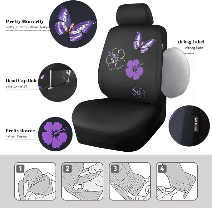CAR PASS Universal Cloth Butterfly Car Seat Covers Full Set, Embroidered Flower Waterproof Car Floor Mats Carpet, Butterflies Steering Wheel Cover for Car Accessories Interior Sets (Black and Purple) - Image 6