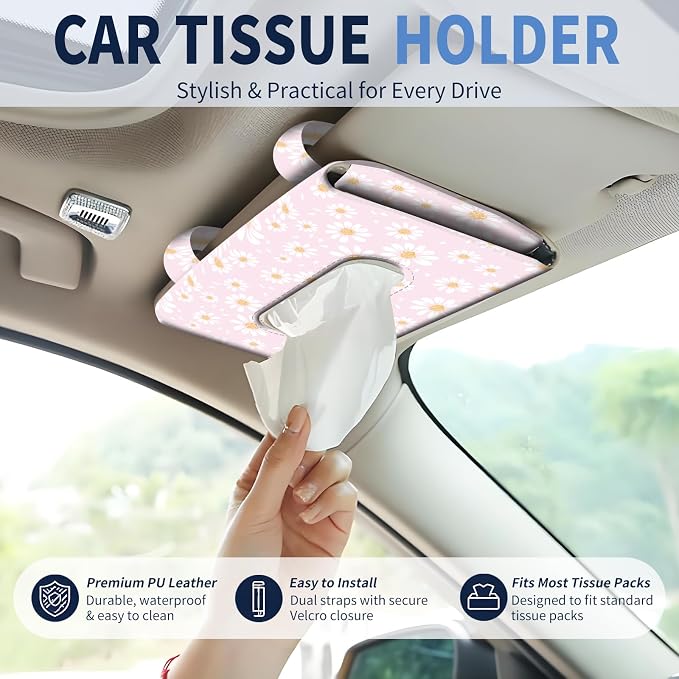 Car Tissue Holder, Cute Sun Visor Napkin Holder Backseat Tissue Case, PU Leather Tissue Box, Funny Car Accessories for Women Men Cute Pink Daisy - Image 2