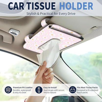Car Tissue Holder, Cute Sun Visor Napkin Holder Backseat Tissue Case, PU Leather Tissue Box, Funny Car Accessories for Women Men Cute Pink Daisy - Image 2