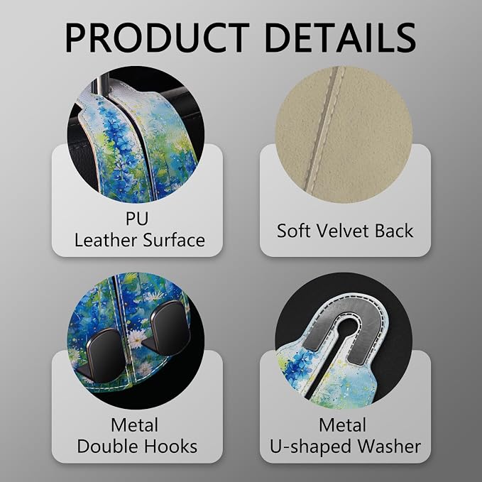 Blusabaca 2PCS Car Seat Headrest Hooks, Purses Bags Holder, Floral Blue | PU Leather, Double Metal Back Storage Hangers for Grocery Bags Handbags Bottles Coats Phones, Car Accessories Organization - Image 4