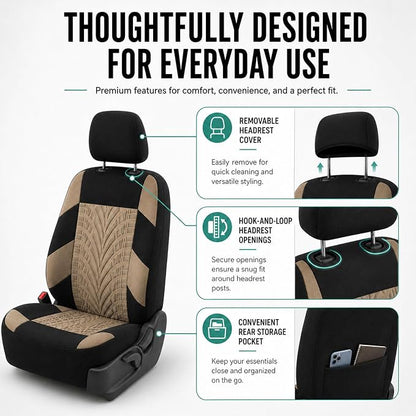 FH Group Car Seat Covers Full Set Premium Cloth - Universal Fit, Automotive, Low Back Front Washable Seat Covers, Airbag Compatible, Split Bench Rear Seat for SUV, Sedan Beige - Image 5