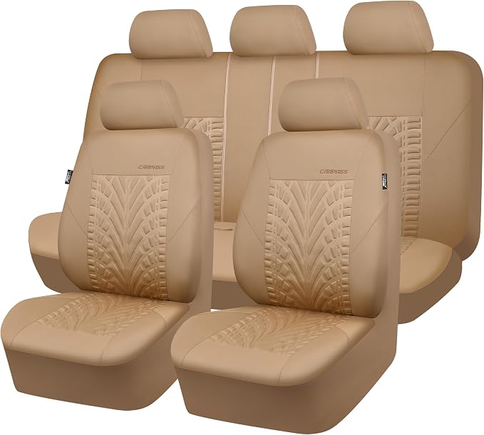 CAR PASS Car Seat Covers Full Sets, Front & Split Rear Bench for Car, 3D Tyre Embossed Automotive Interior Covers, Airbag Compatible, Quick Setup Universal Fit Seat Covers for Car, SUV(All Beige) by CARPASS