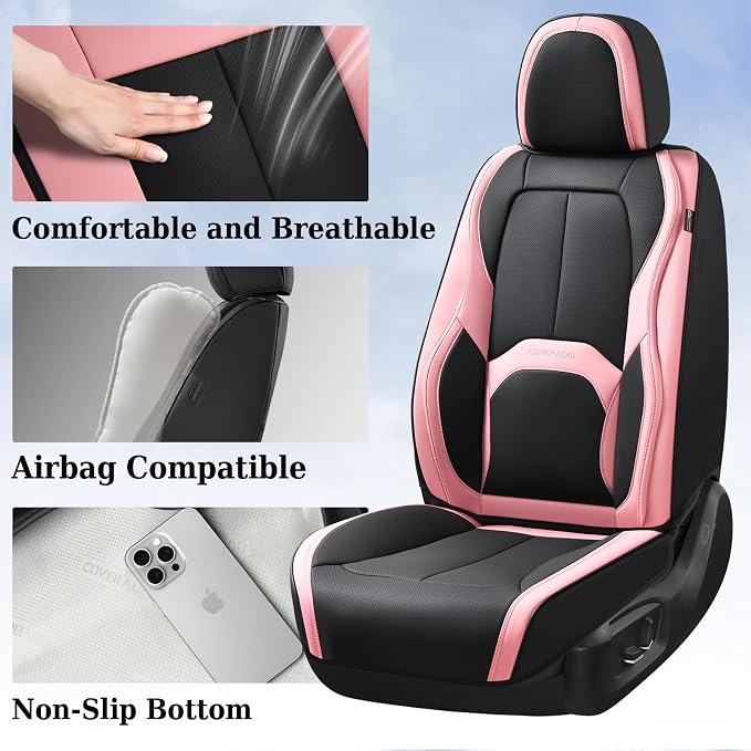Coverado Car Seat Covers Full Set, Waterproof Nappa Leather Seat Covers for Car, Car Seat Protector with Lumbar Support, Automotive Seat Covers Universal Fit for Most Cars SUV Trucks, (Black&Pink) - Image 5