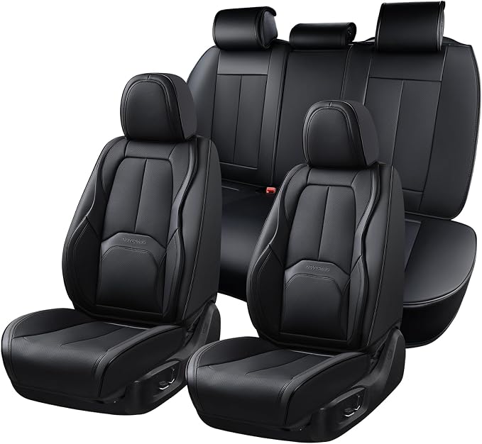 Coverado Car Seat Covers Full Set, Premium Nappa Leather Seat Covers for Car, Waterproof Car Seat Protector with Lumbar Support, Automotive Seat Covers Universal Fit for Most Cars SUV Truck(Black) by COVERADOAUTO