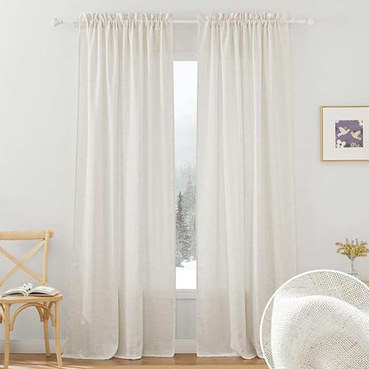 RYB HOME Linen Blend Curtains 90 inches Long for Farmhouse | Light Filtering, Semi Sheer, Airy Breathable Window Treatments, Soften Sunlight, Linen, W52 x L90, 2 Panels by RYBHOME