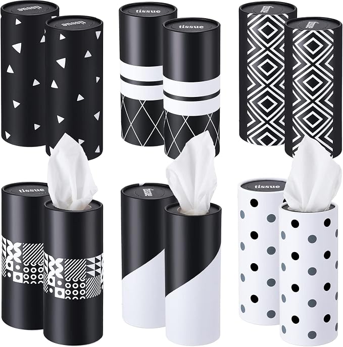 Outus 12 Pcs Geometric Car Tissues Cylinder Holder with 3 Ply Facial Tissue Bulk Black White Round Tissue Holder Travel Tissues Boxes Container for Car Cup Wedding Birthday Party by Outus
