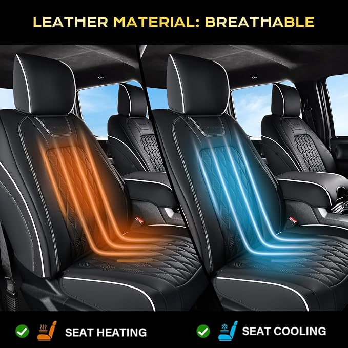 Coverado Premium Leather Full Set Seat Covers Waterproof Heavy-Duty Protectors Custom Fit for Ford F150 (2015-2026) F250/F350/F450 (2017-2026)-Black w/White Stitching, Wear-Resistant - Image 6