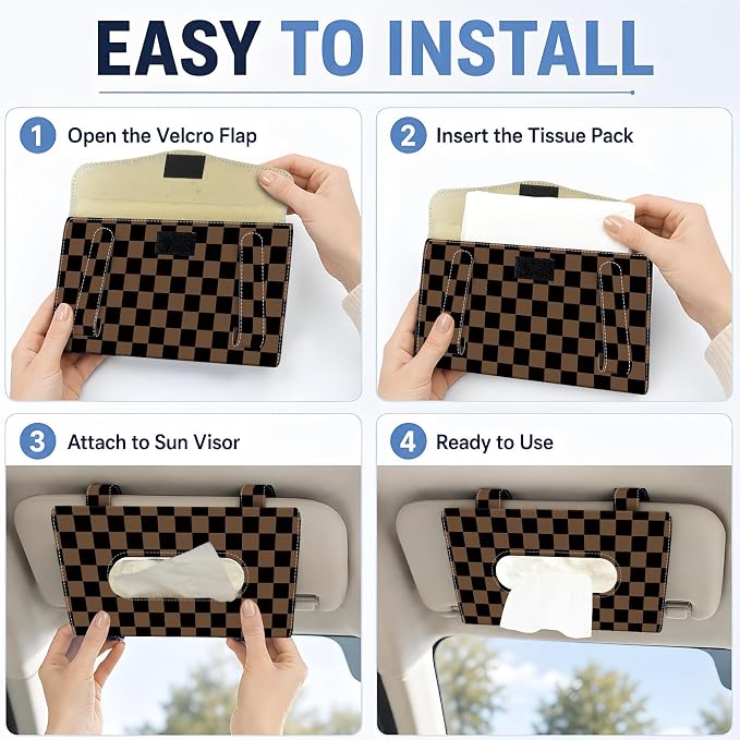 Car Tissue Holder, Cute Sun Visor Napkin Holder Backseat Tissue Case, PU Leather Tissue Box, Funny Car Accessories for Women Men Black Brown Cute Plaid - Image 3