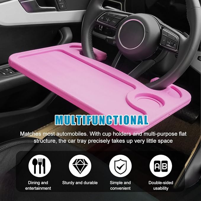 Car Steering Wheel Desk, Multifunctional Auto Seat Stand Trays for Eating and Working, Double Sided Design Steering Wheel Table Desk for Laptop, Food, Car Accessories (Pink) - Image 6