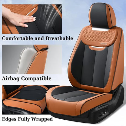 Coverado Car Seat Covers Full Set, Breathable Nappa Leather Seat Covers for Cars, Automotive Seat Covers, Waterproof Front and Back Car Seat Protector Universal Fit Most Cars(Brown&Black) - Image 4